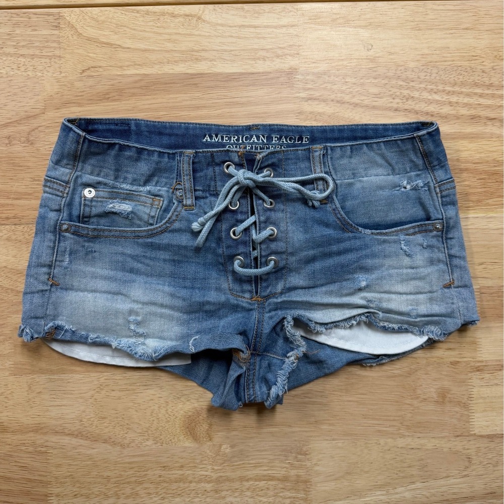 Y2K Shortie Denim Mini Shorts American Eagle Women's 8 Lace Up Light Blue Wash